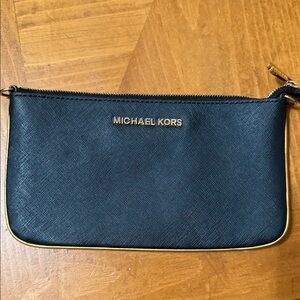 Michael Kors Black Leather Wristlet Clutch with Gold Trim
